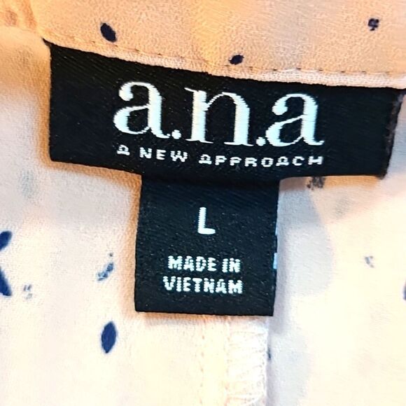 a.n.a. Light Pink Blouse, Splashes of Navy, Lace-up Neckline/Ruffles, Sz Large - Picture 10 of 11